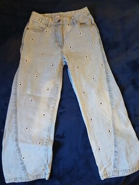 Girl'sLight Blue Daisy-Embroidered Wide Leg Jeans
